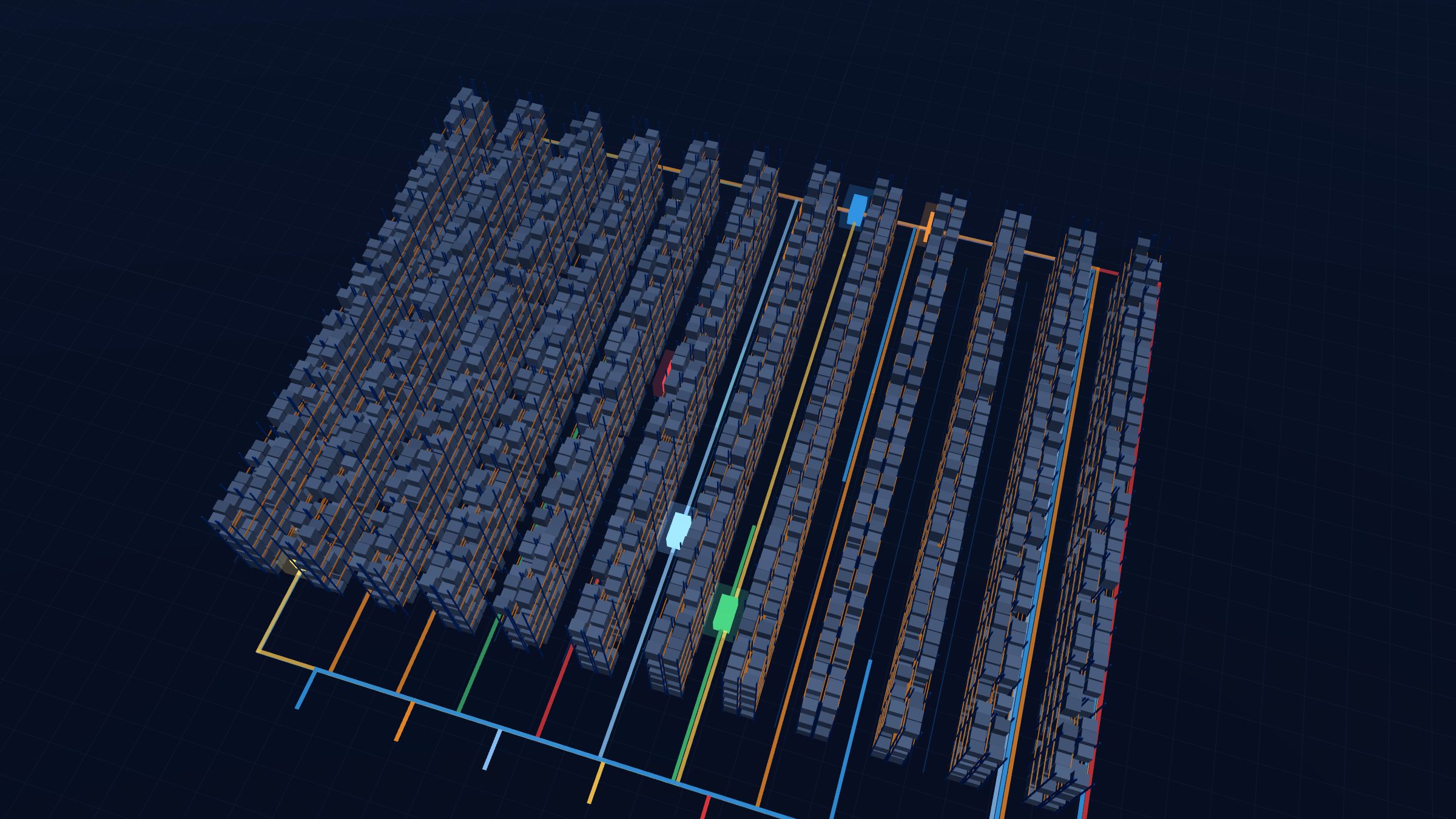 Truck trajectories over a working day on the warehouse floor plan