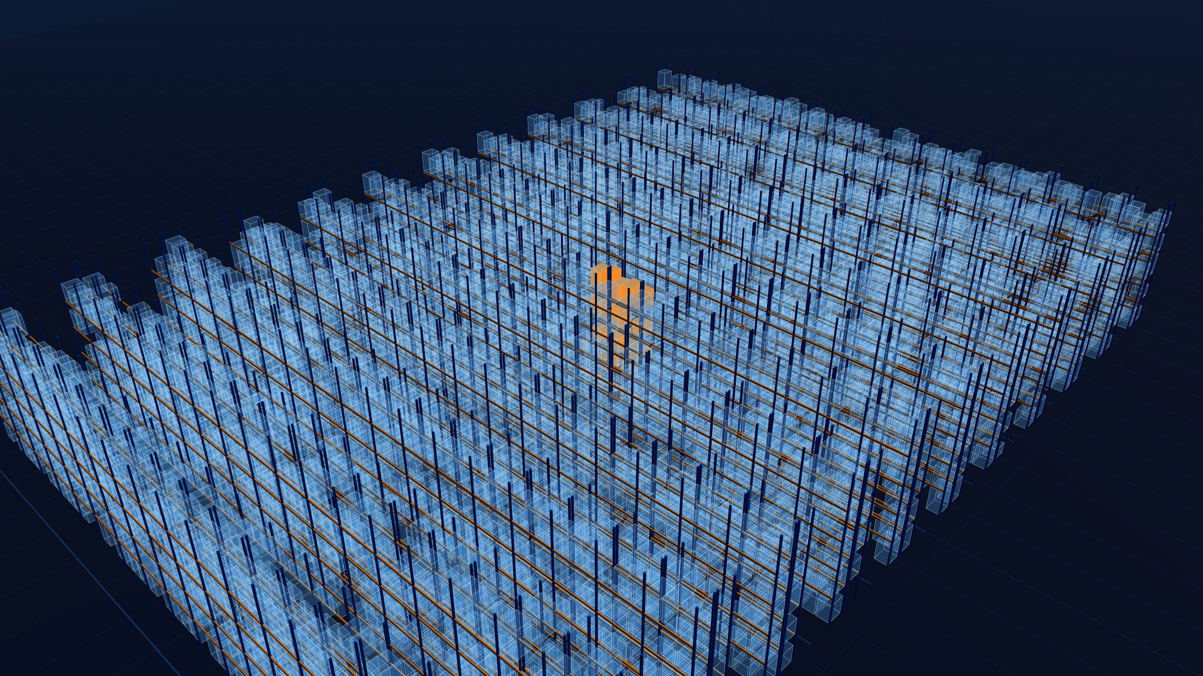 Digital twin of a warehouse with pallet outlines and a highlighted bay