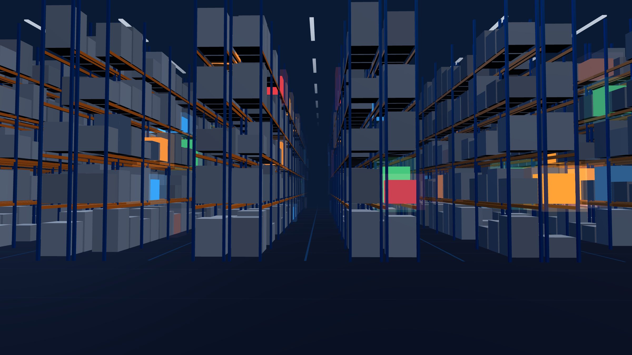 Aisle of high-bay racking with highlighted pallets